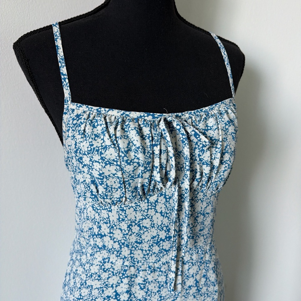 SOLD Blue Floral Maxi Dress with Tie-Front Bodice and Spaghetti Straps